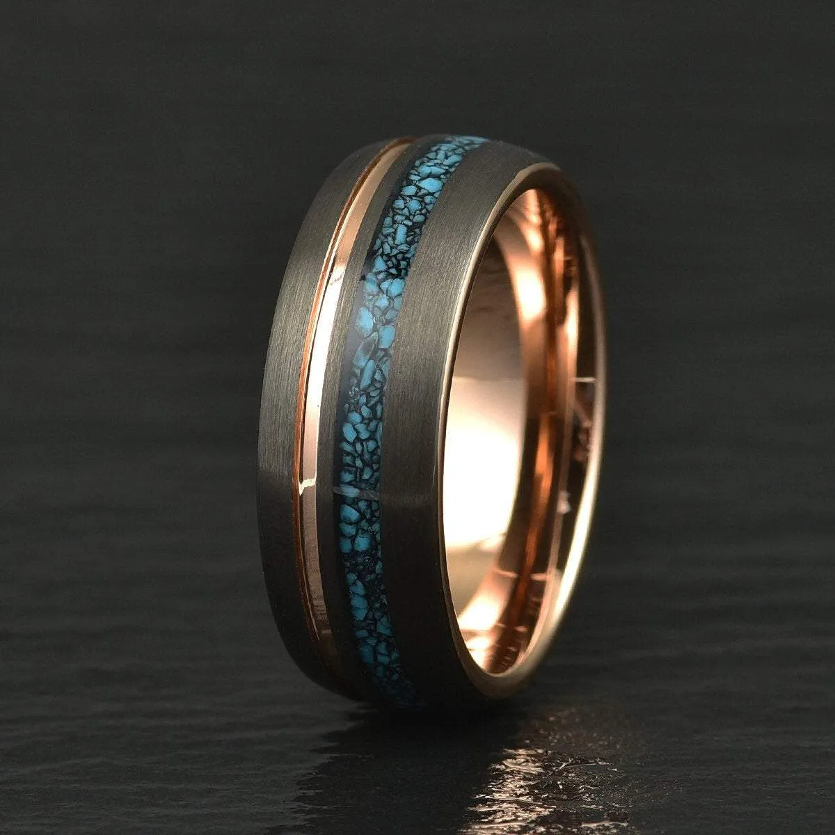 The Rosy Blue Ring - Crushed Turquoise Rose Tungsten Wedding Band 4MM 6MM 8MM