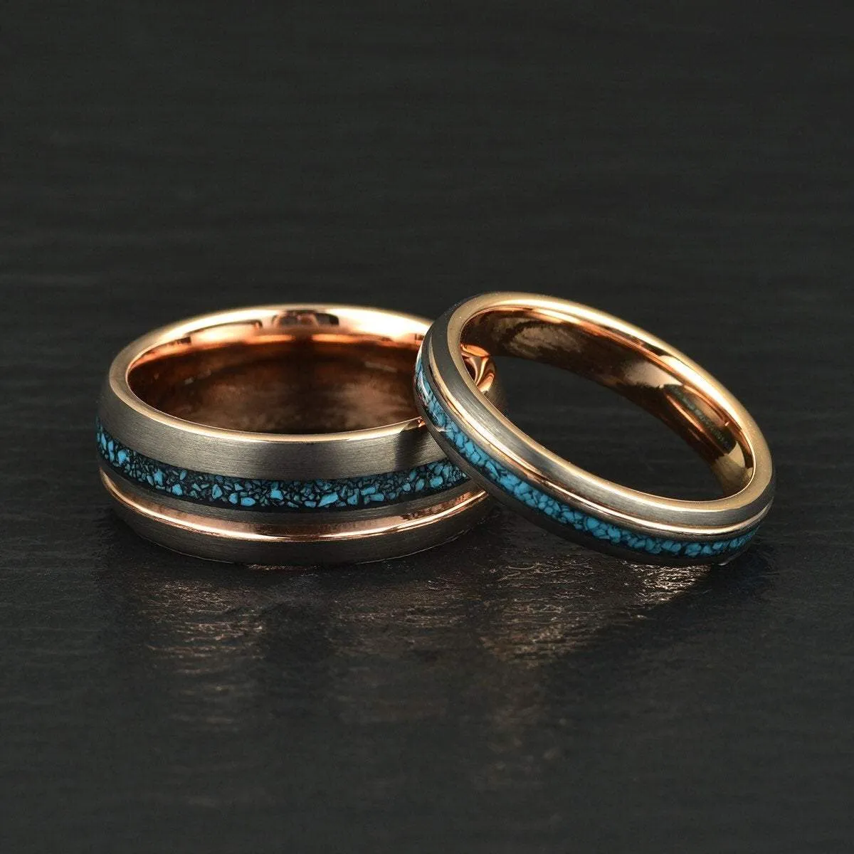 The Rosy Blue Ring - Crushed Turquoise Rose Tungsten Wedding Band 4MM 6MM 8MM