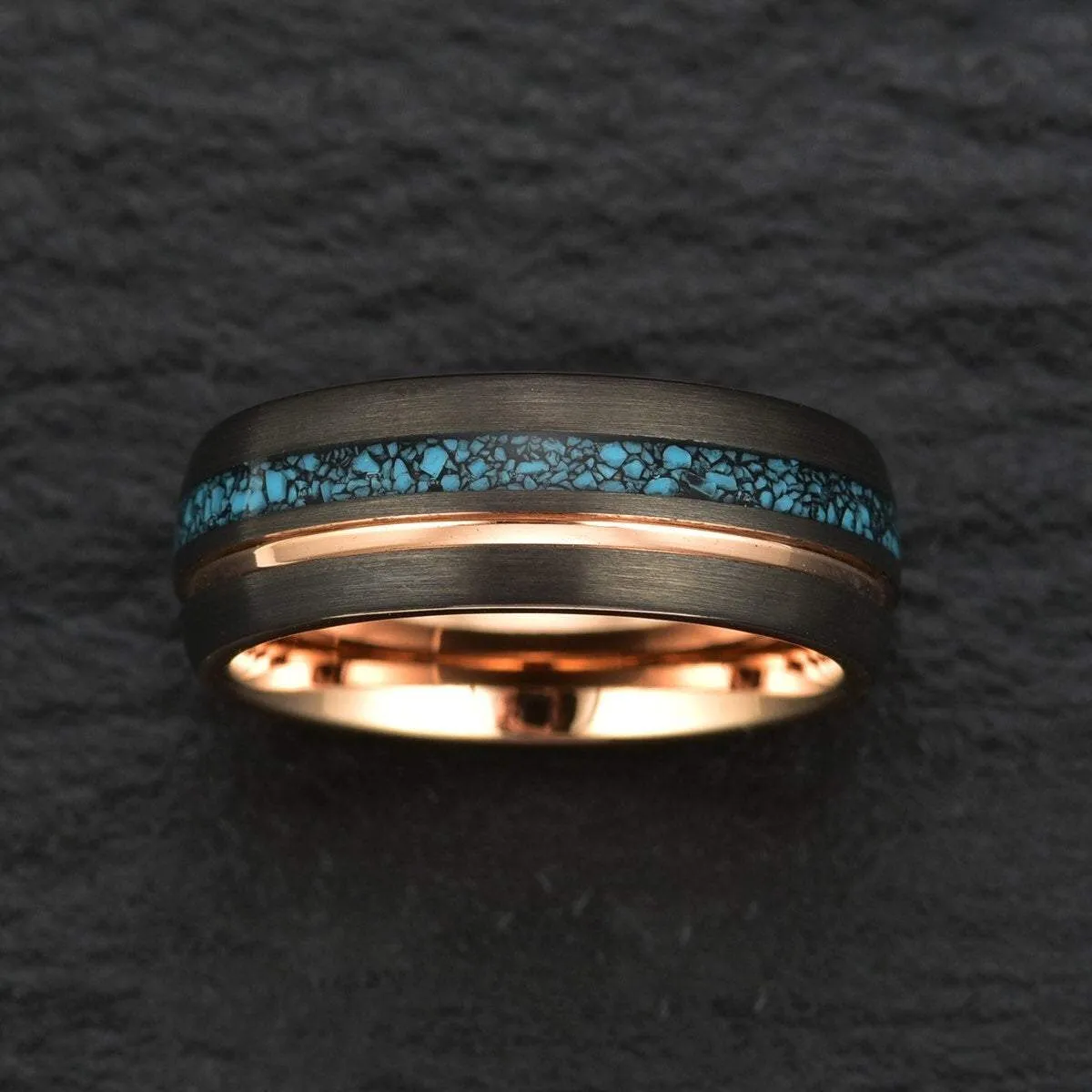 The Rosy Blue Ring - Crushed Turquoise Rose Tungsten Wedding Band 4MM 6MM 8MM