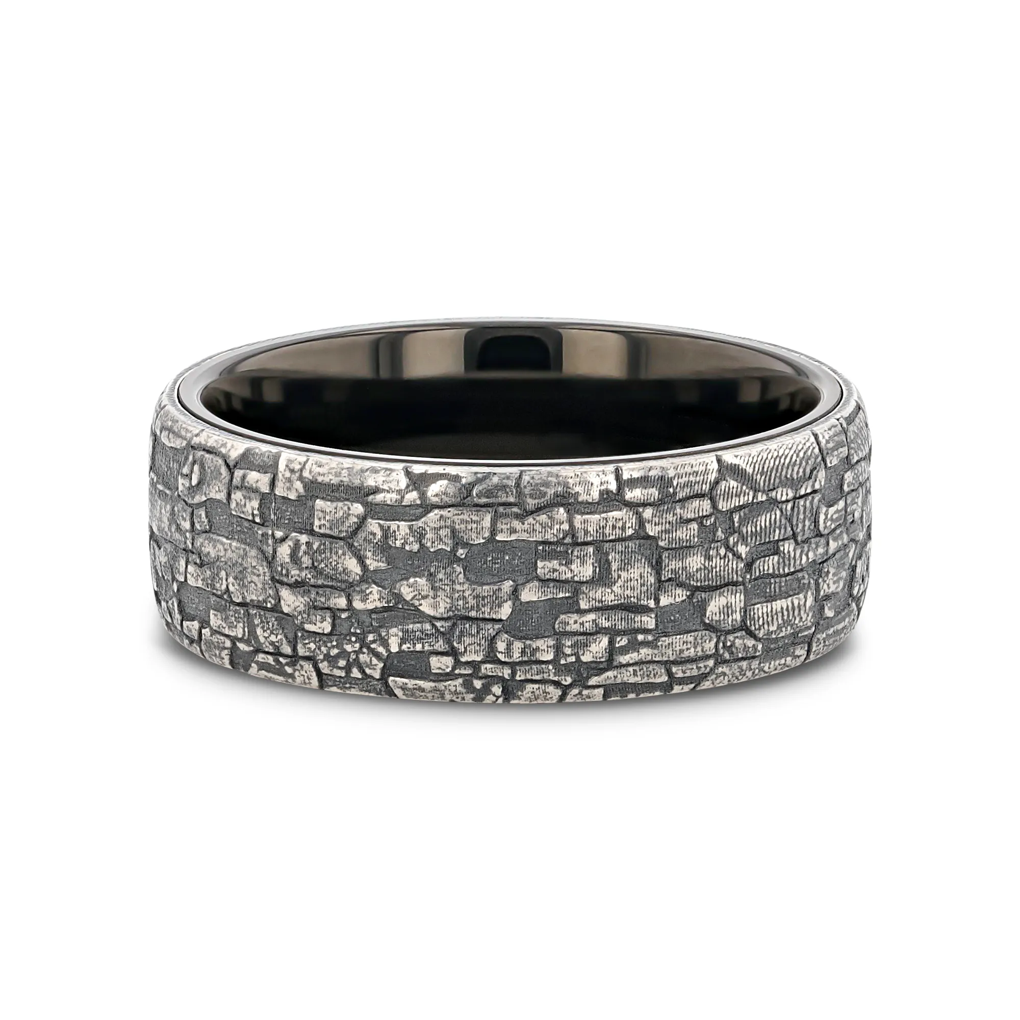 Thorsten BROOKSTONE Black Tungsten Wedding Band with Sterling Silver Stonework Pattern - 8mm