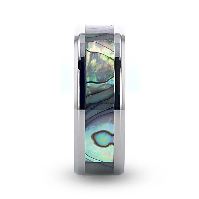 Thorsten KAUI Titanium Polished Finish Mother Of Pearl Inlaid Men’s Beveled Wedding Band - 6mm & 8mm