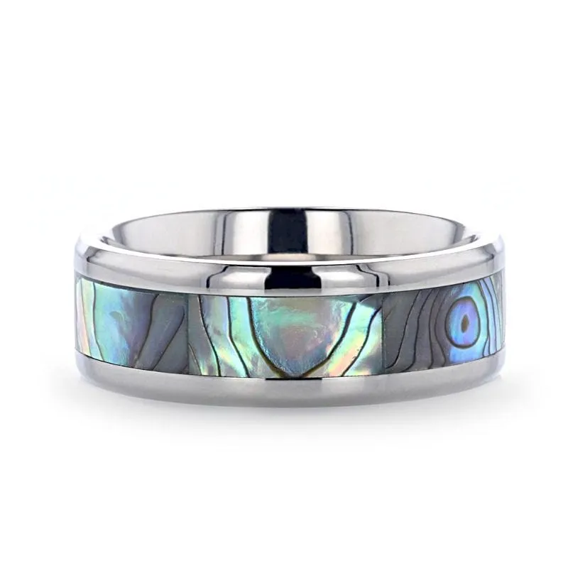 Thorsten KAUI Titanium Polished Finish Mother Of Pearl Inlaid Men’s Beveled Wedding Band - 6mm & 8mm