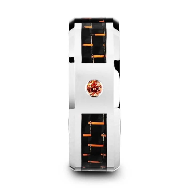 Thorsten NOAH Tungsten Ring Black Orange Carbon Fiber Padparadscha Sapphire Setting - 8mm