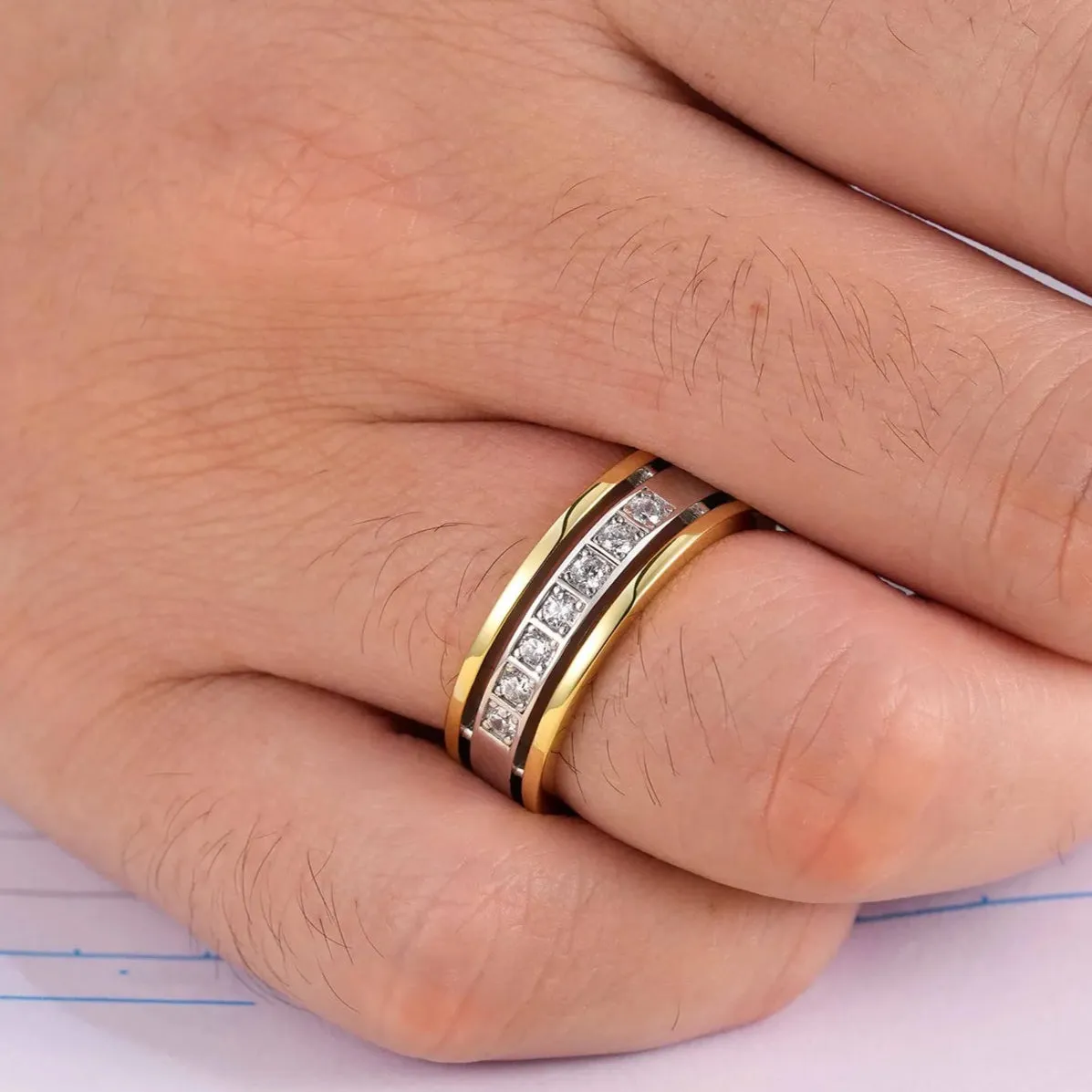 Two tone Half Eternity Round Cut Created Diamond Men's Ring