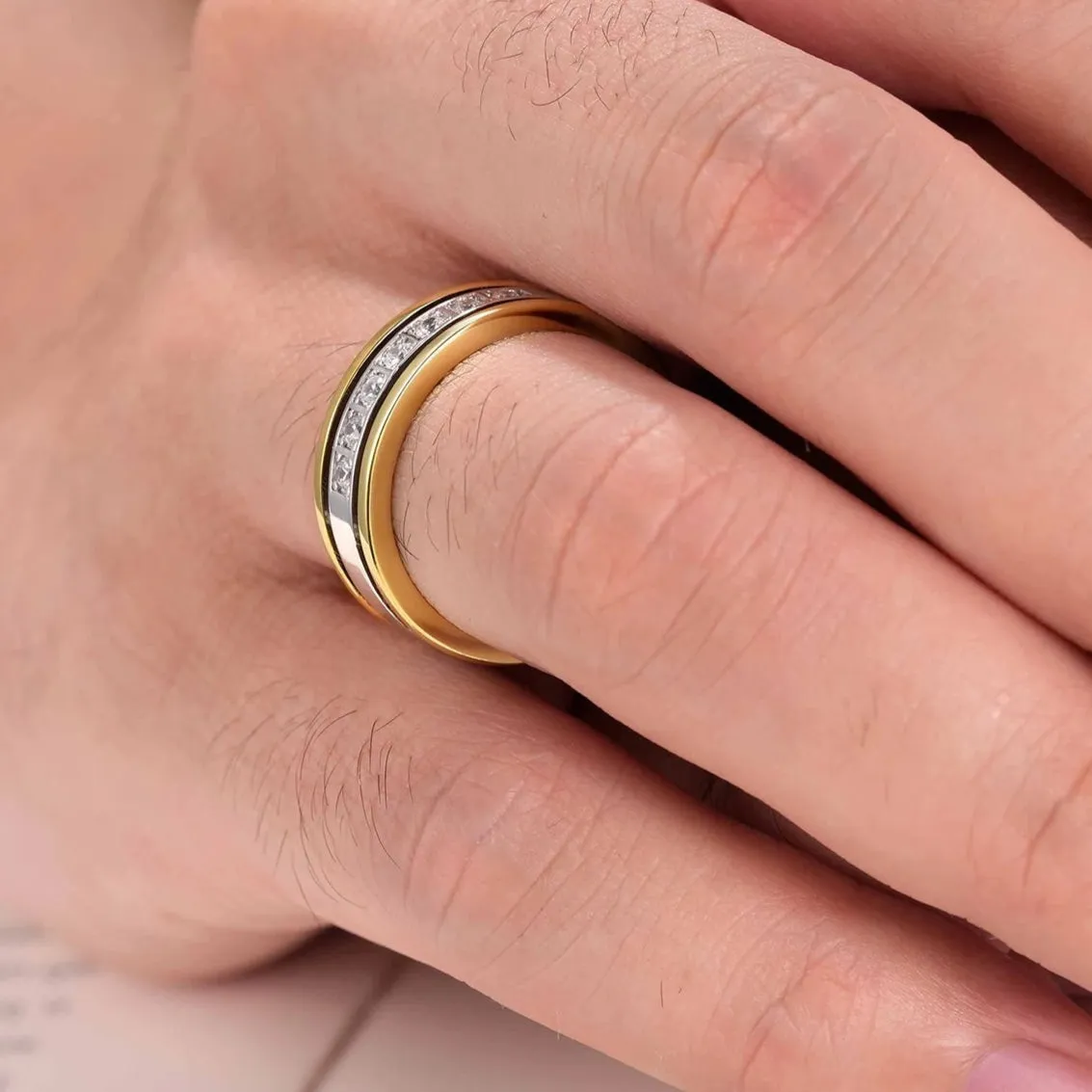 Two tone Half Eternity Round Cut Created Diamond Men's Ring