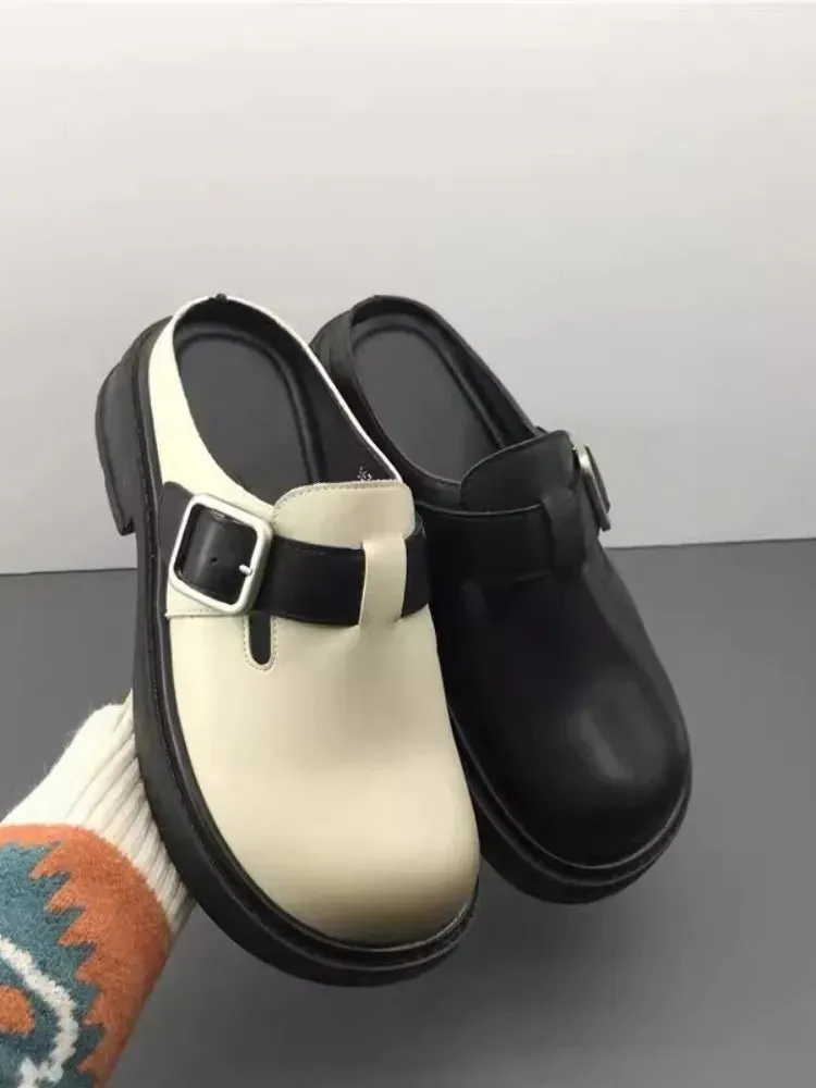 Versatile Genuine Leather Round Toe Mule Slippers for Women