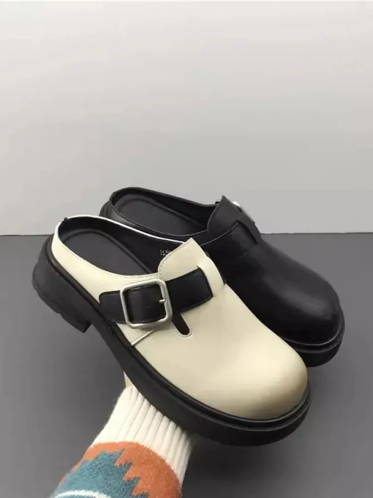 Versatile Genuine Leather Round Toe Mule Slippers for Women