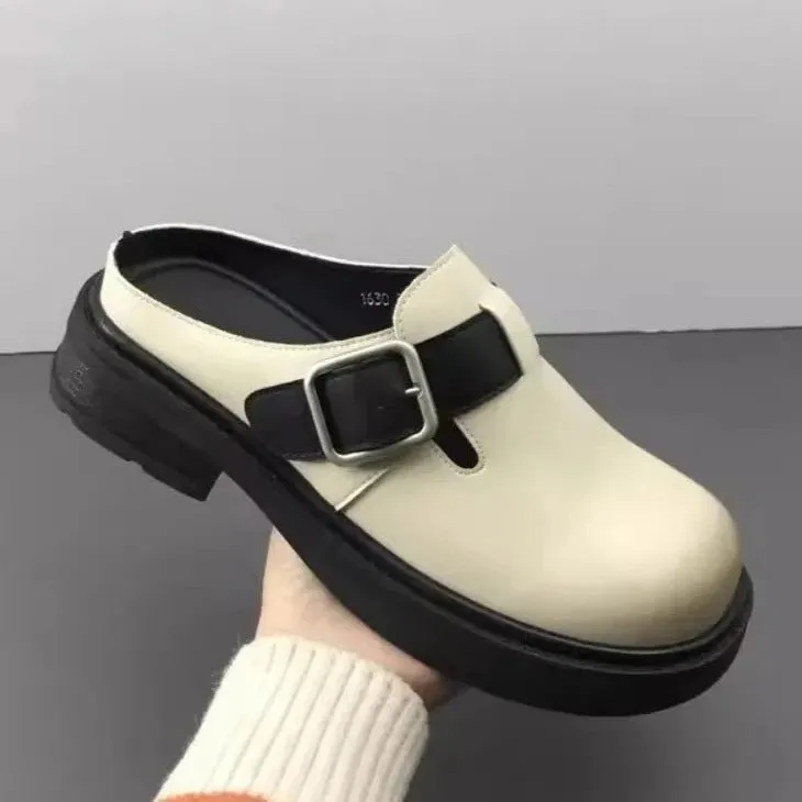Versatile Genuine Leather Round Toe Mule Slippers for Women