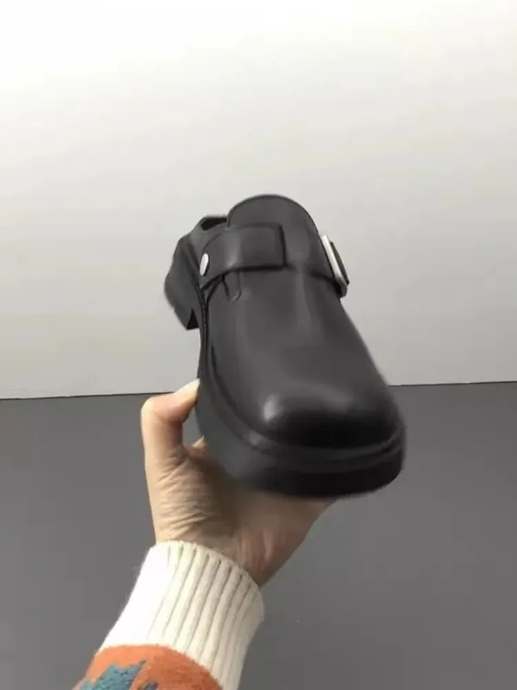 Versatile Genuine Leather Round Toe Mule Slippers for Women