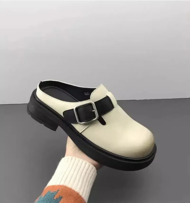 Versatile Genuine Leather Round Toe Mule Slippers for Women
