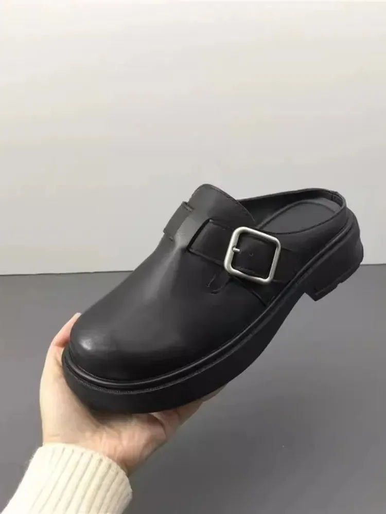 Versatile Genuine Leather Round Toe Mule Slippers for Women