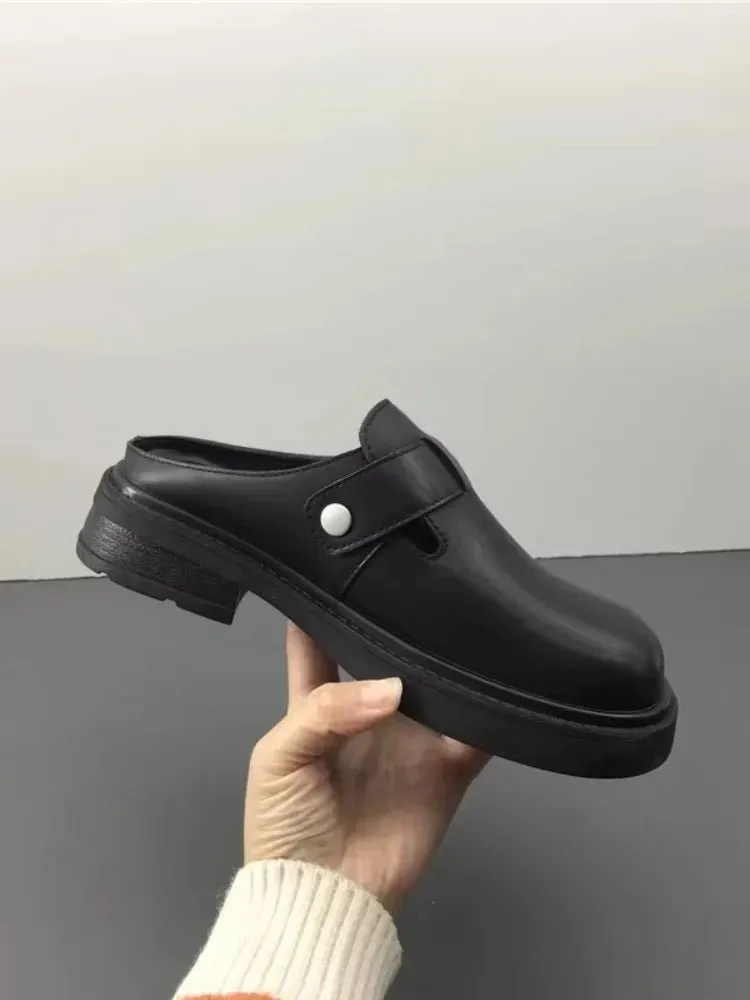 Versatile Genuine Leather Round Toe Mule Slippers for Women