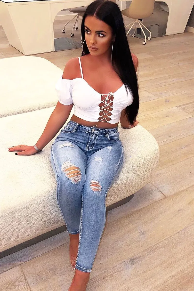 White Bardot Milkmaid Lace Up Crop Top - Abigail