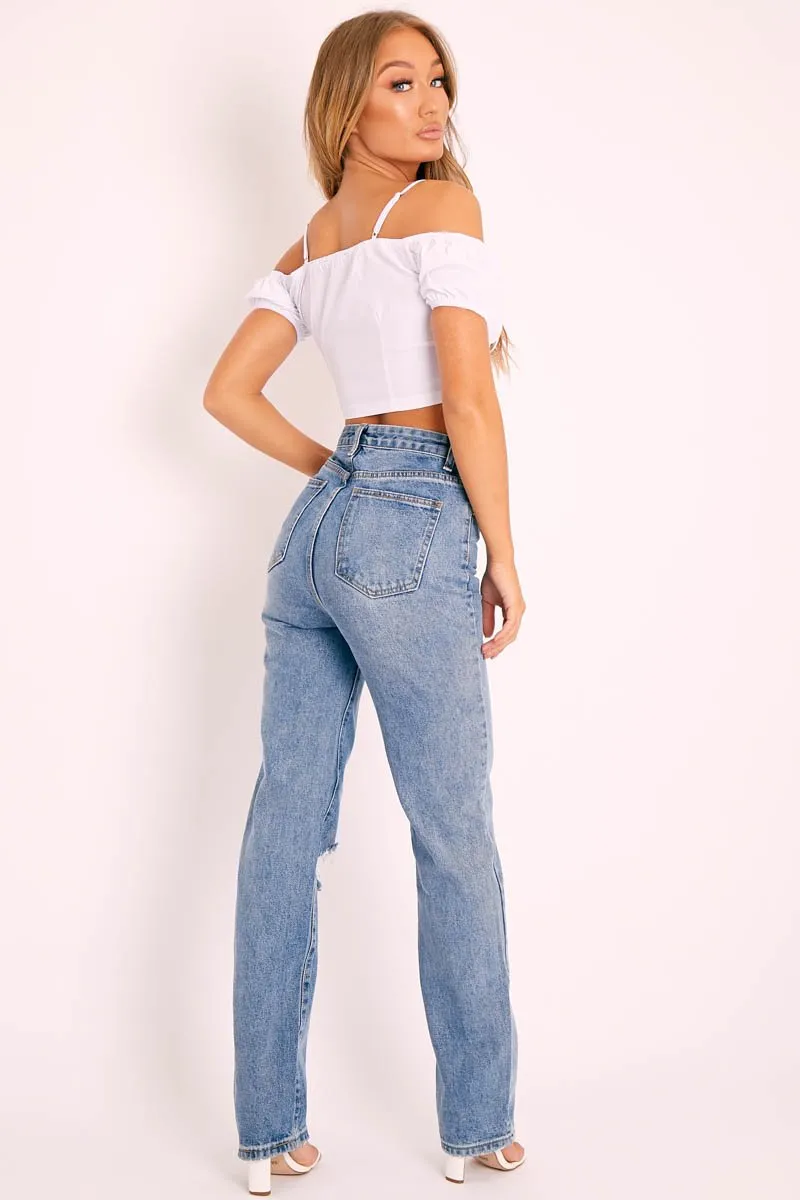 White Bardot Milkmaid Lace Up Crop Top - Abigail