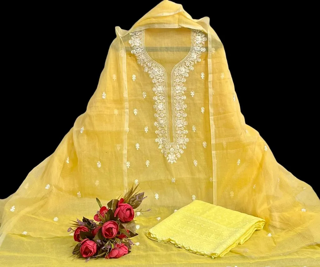 Yellow Hand Embroided Kota Doria Suit Fabric With Dupatta