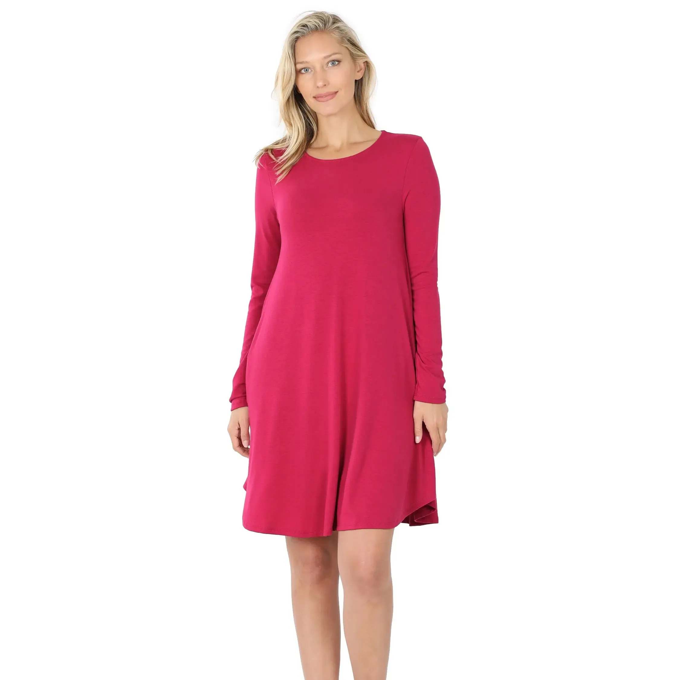 Zenana RS- 1301P premiumLONG SLEEVE ROUND HEM A-LINE DRESS WITH SIDE POCKETS