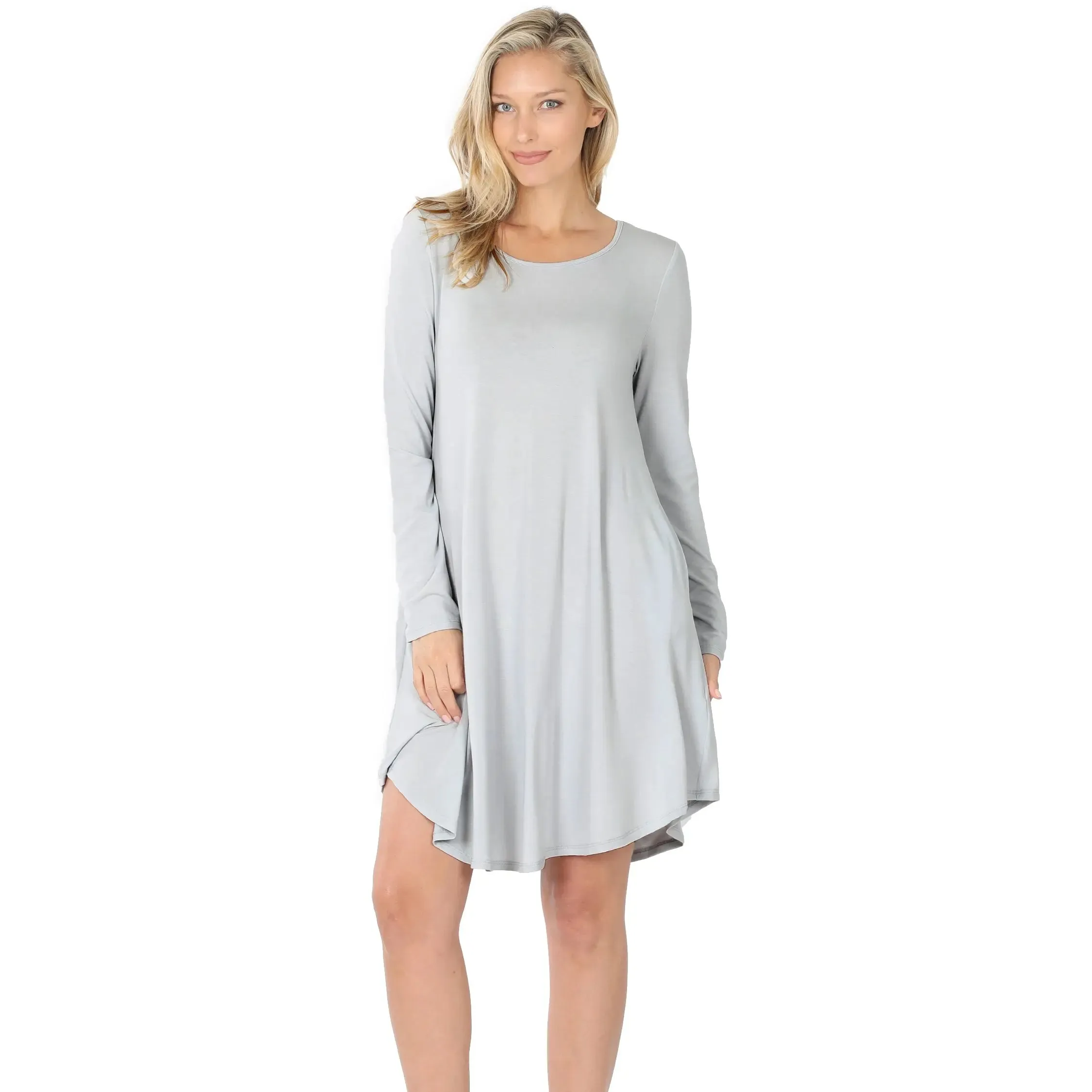Zenana RS- 1301P premiumLONG SLEEVE ROUND HEM A-LINE DRESS WITH SIDE POCKETS