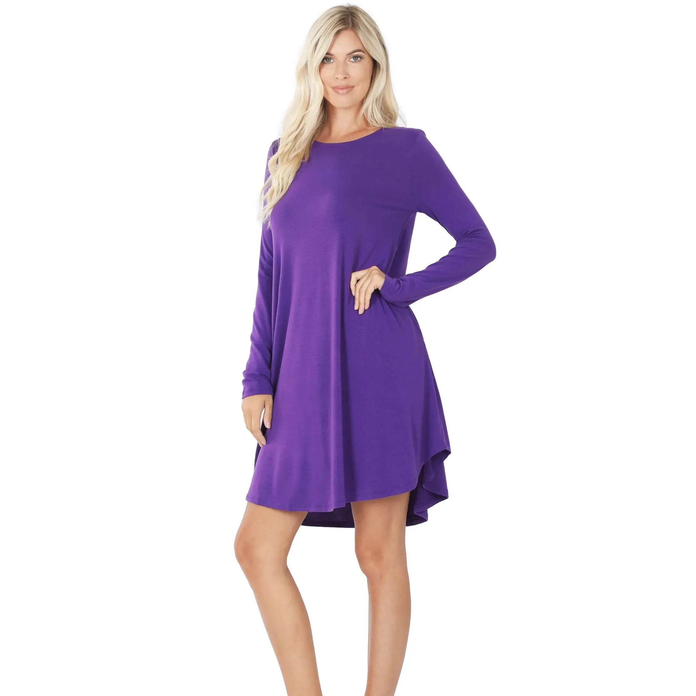 Zenana RS- 1301P premiumLONG SLEEVE ROUND HEM A-LINE DRESS WITH SIDE POCKETS